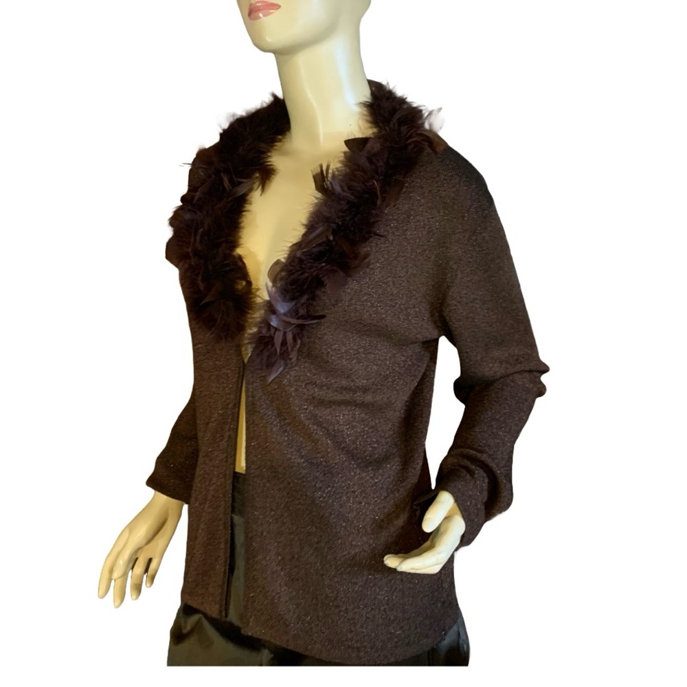 VINTAGE Y2K DRESSBARN BROWN W/METALLIC THREAD CARDIGAN W/FAUX FEATHER COLLAR (M) - Picture 6 of 14